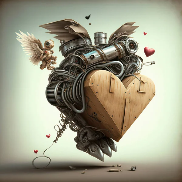 Steampunk Style Valentine Background with a Heart Shaped Box with Mechanical Parts Attached to it