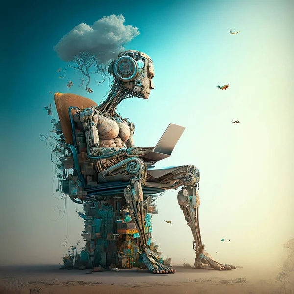 A Robot Sitting on a Post-apocalyptic Chair, Holding a Laptop and a Small Cloud above its Head, Exudes a Sense of Technology and Survival in a Dystopian World