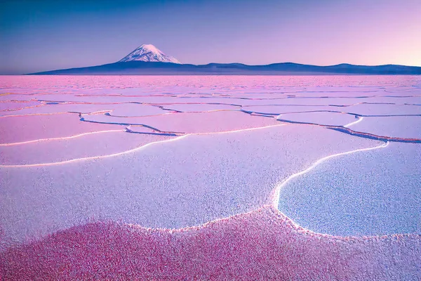 Desert Pink Salt Landscape with a Mountain in the Distance