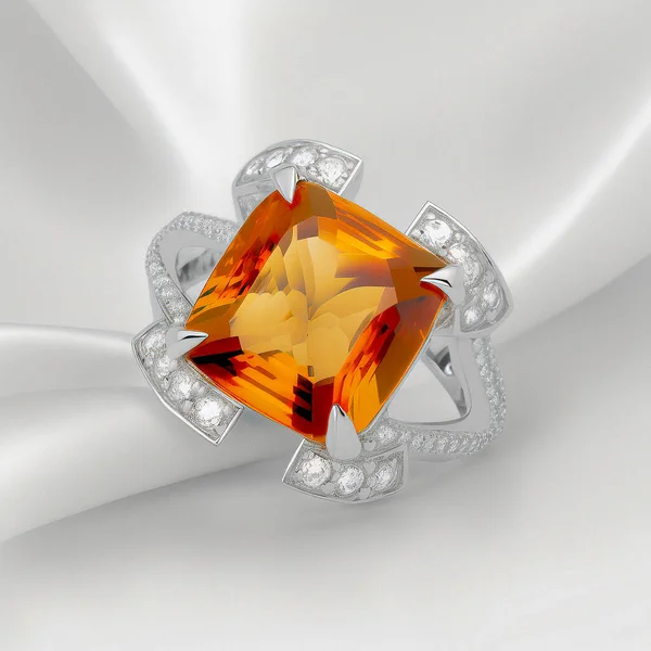 An Elegant and Luxurious White Gold Ring with Citrine, Diamonds, on Soft White Background