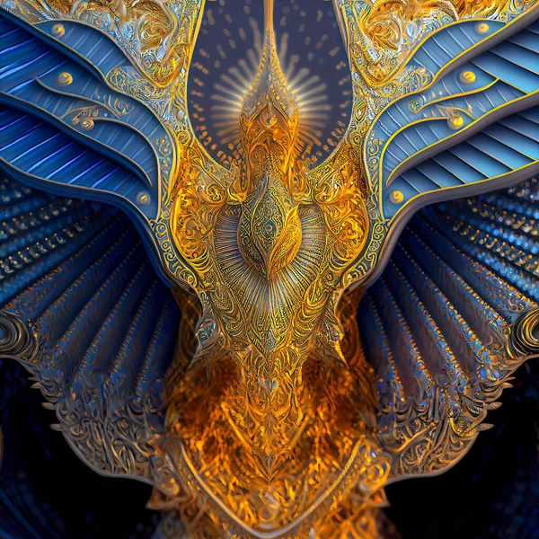 Ultra Fine Detailed Golden-Blue Angelic Wings Revealing Intricate Feather Patterns, Sparkling with a Brilliant Radiance