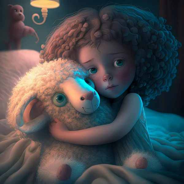 Fantasy Art Little Girl Hugging a Stuffed Sheep on a Bed
