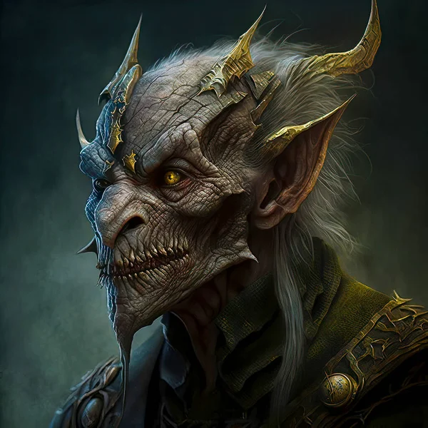 Fantasy Art of an Ominous Goblin with a Sly Smirk, Sinister-looking Eyes, Pointed Ears, and Rough, Textured Features