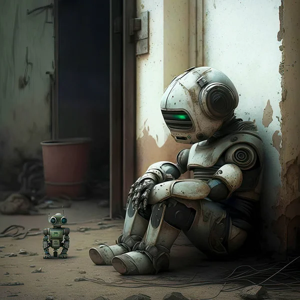 Dystopian Art Sad Robot Sitting on the Ground next to a Small Robot