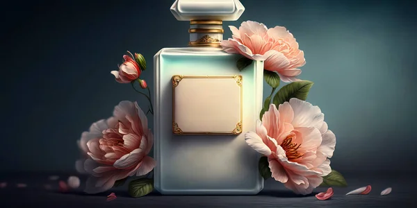 An Exquisite Perfume Bottle Adorned with Peony Flowers on a Dark Blue Background