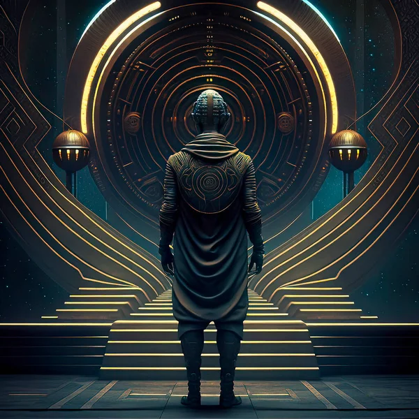 Retro-futuristic Man in Sci-fi Punk Style Outfit Standing in front of Illuminated Stairs and a Large Gate with a Maze