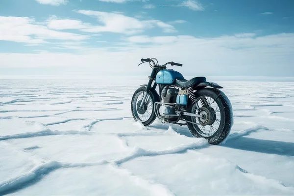 A Motorcycle on a Snow-covered Landscape under a Majestic Blue Sky, Surrounded by Nordic Summer Scener