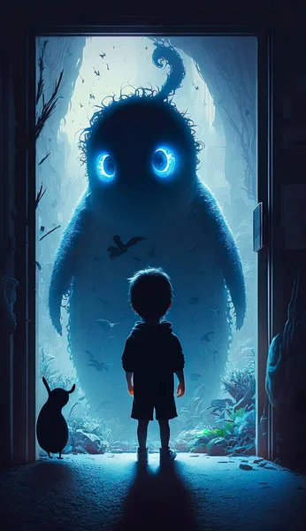 Fantasy Art Little Boy Standing before a Door, Facing a Gigantic and Cute Monster with Glowing Eyes