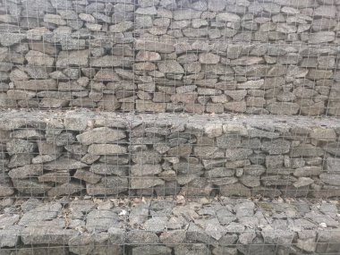 Stones stacked on in a wire mesh