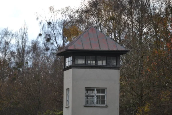 Watchtower in Dachau concentration camp square tower with pointed roof