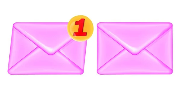 白の背景に分離された新しいメッセージマーカーと3Dピンクのメールエンベロープアイコン 電子メール通知 3次元リアルなベクトル ベクターイラスト — ストックベクタ