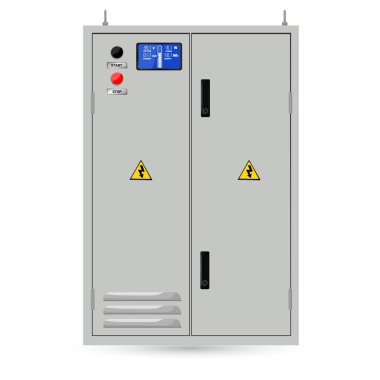 Elektrik kutusu, endüstriyel elektrik kontrol paneli. Sıvı kristal ekran. vektör görüntü. Vektör illüstrasyonu