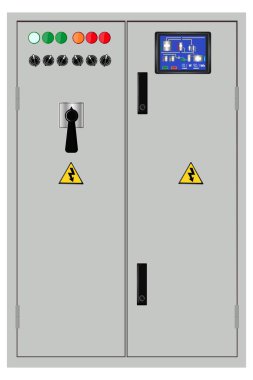 Elektrik kutusu, endüstriyel elektrik kontrol paneli. Merkez. Vektör görüntüsü. Vektör illüstrasyonu