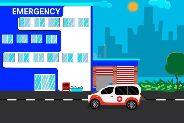 Hastanenin yakınındaki ambulans. Vektör illüstrasyonu