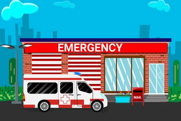 Hastanenin yakınındaki ambulans. Vektör illüstrasyonu