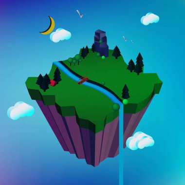 Geceleri Isometri 'de asılı bir ada. Vektör illüstrasyonu