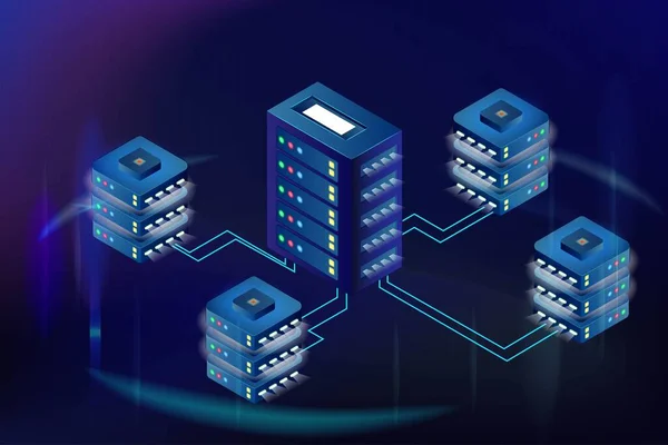 Server Cloud Isometrico Isolato Blu Oggetti Archiviazione Del Datacenter Sala — Vettoriale Stock