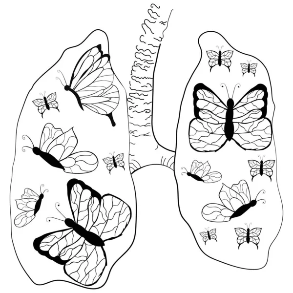 Dibujo Del Esquema Pulmones Lineales Con Mariposas Dentro Ilustración Vectorial — Vector de stock