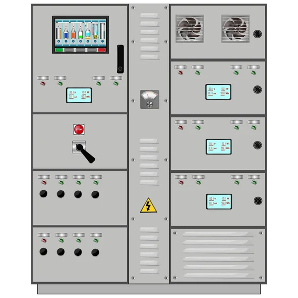 コントロールパネル 生産管理パネルとコンピュータデバイスの制御 シンディ ベクターイラスト — ストックベクタ