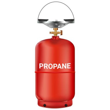 Beyaz arka planda izole edilmiş propan içeren kırmızı gaz silindiri. Kamp ateşleyicisi. - Evet. Vektör illüstrasyonu