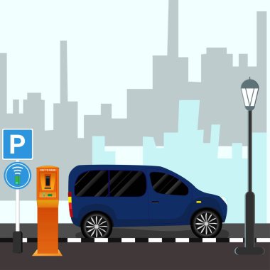 Parking meters.Parking lot with authorized parking machine.Self service parking pay.Wireless, contactless or cashless payments, rfid nfc. Vector illustration