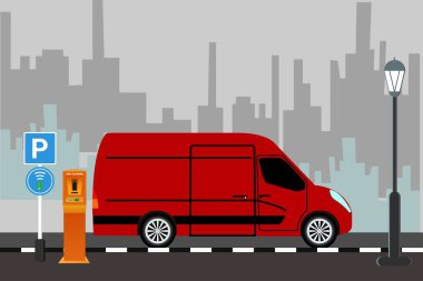 Parking meters.Parking lot with authorized parking machine.Self service parking pay.Wireless, contactless or cashless payments, rfid nfc. Vector illustration