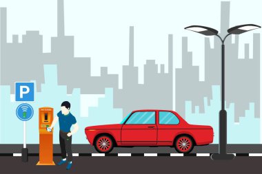 Parking meters.Parking lot with authorized parking machine.Self service parking pay.Wireless, contactless or cashless payments, rfid nfc. Vector illustration
