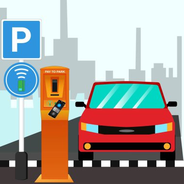 Parking meters.Parking lot with authorized parking machine.Self service parking pay.Wireless, contactless or cashless payments, rfid nfc. Vector illustration