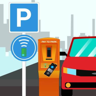 Parking meters.Parking lot with authorized parking machine.Self service parking pay.Wireless, contactless or cashless payments, rfid nfc. Vector illustration