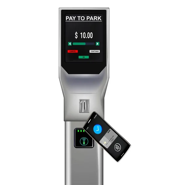 Parking meters.Parking lot with authorized parking machine.Self service parking pay.Wireless, contactless or cashless payments, rfid nfc. Vector illustration