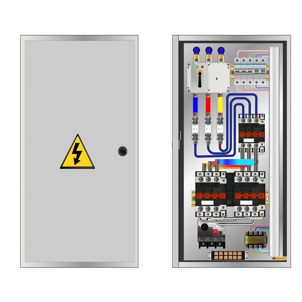 Kontrol Paneli. Üretim kontrol paneli ve manyetik kontaklarla kontrol. Vektör illüstrasyonu