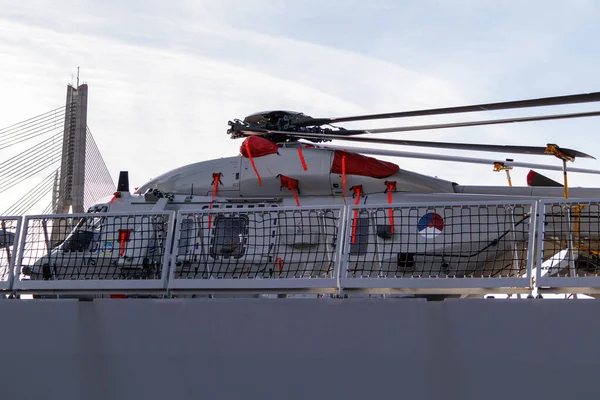 Helicóptero Marina Bordo Buque Guerra Del Ejército Riga Letonia Oct —  Fotos de Stock