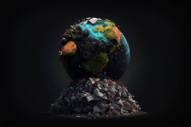 Büyük bir çöp yığınının üzerinde duran çöp dolu bir küre. Toprak kirliliği kavramları. Görüntü