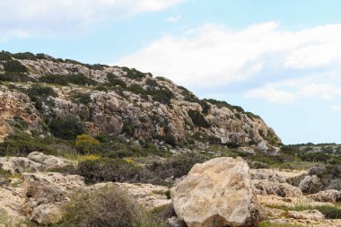 Taşlı kaya ve yeşil çalılar, arka planda mavi gökyüzü. Dağlık doğal manzara.