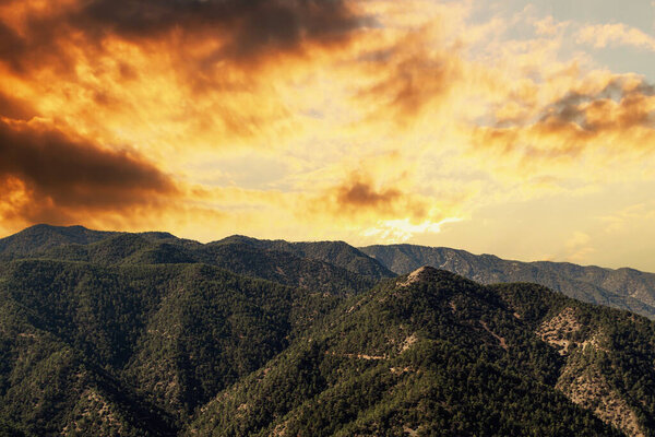Mountain view with cloudy sky in sunset colors. Evergreen pine forest in the mountains with orange sky at sunset in the background.