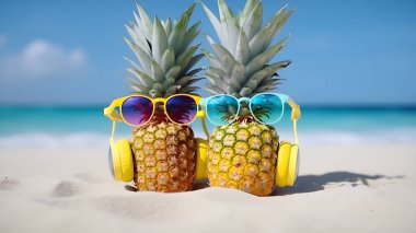 Şık aynalı güneş gözlüklü ve turkuaz deniz suyuna karşı kumdaki altın kulaklıklı olgun çekici ananas. Tropik yaz tatili konsepti. Tropik adanın kumsalında güneşli bir yaz günü.