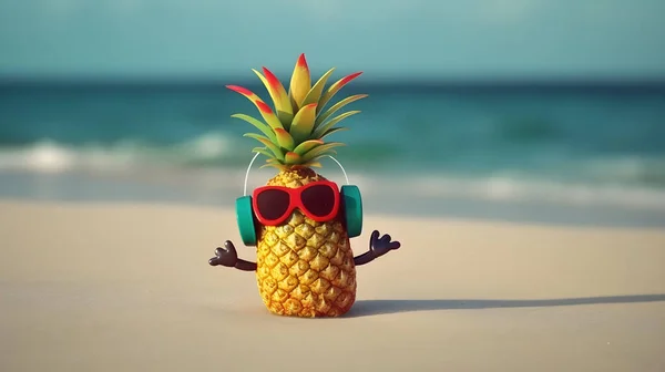 Şık aynalı güneş gözlüklü ve turkuaz deniz suyuna karşı kumdaki altın kulaklıklı olgun çekici ananas. Tropik yaz tatili konsepti. Tropik adanın kumsalında güneşli bir yaz günü.