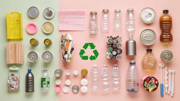 Plastik, metal ve kağıt malzemelerinin yer aldığı geri dönüşüm ve atık yönetimi kavramı.