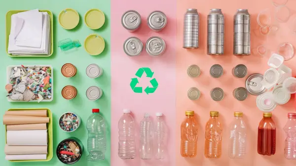 Sıralanmış kağıt, metal ve plastik eşyalar ile geri dönüşüm kavramı.