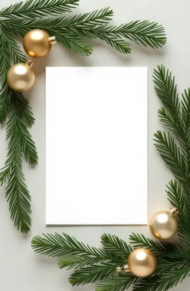 Yeşillik çam dalları ve altın takılarla çerçevelenmiş boş beyaz kart, bayram için ideal. Noel davetiyeleri, mevsimsel selamlamalar ya da dekoratif baskı malzemeleri için mükemmel.