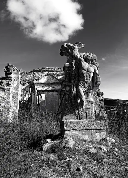 Sicilya, Poggioreale 'de bulunan antik bir heykel, kalıntıların ve vahşi bitkilerin arasında duruyor. Tarihi bozulmanın ve sanatsal mirasın güzelliğini vurguluyor.