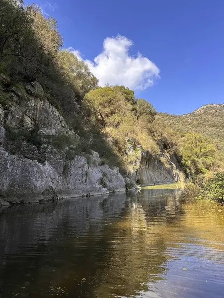 Gole Di Tiberio, İtalya - 02 Kasım 2024: Serene nehri açık mavi gökyüzünün altındaki kayalık uçurumlar arasında sulara yansıyan yemyeşil bir akarsudur