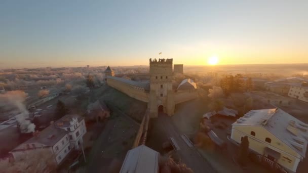 Nascer Sol Gelado Sobre Cidade Velha Lutsk Ucrânia Vista Aérea — Vídeo de Stock