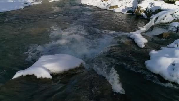 Güneşli Bir Kış Gününde Bir Dağ Nehri Deresi Temiz Taşların — Stok video