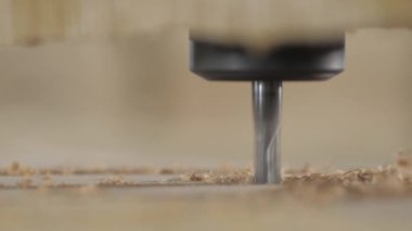 The CNC milling head slowly moves along a given trajectory, drilling the board. Automated wood carving