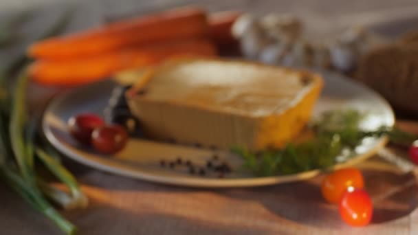 Panorama Plate Pate Decorated Carrots Mushrooms Garlic Slices Bread Olives — Video Stock