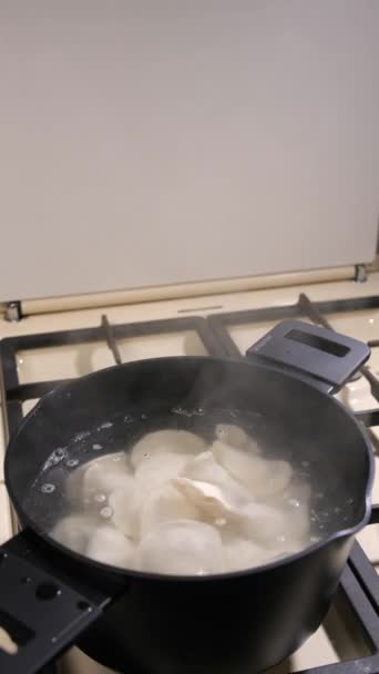 垂直录像 将冷冻饺子从塑料袋中倒入一个黑色锅中的沸水中 乌克兰国菜 — 图库视频影像