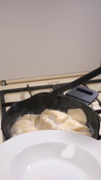 Verticale Video Dumplings Koken Worden Overgebracht Van Pan Naar Een — Stockvideo