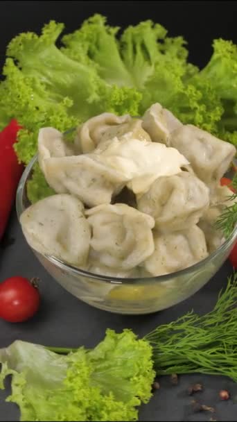 Vertical Video Black Background Stone Tray Dish Dumplings Meat Sour — Wideo stockowe