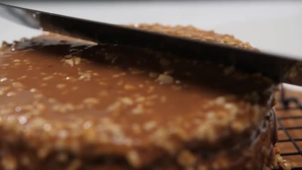 在巧克力蛋糕的表面用一把刀把多余的焦糖与坚果片一起取出 糖果制品的生产 — 图库视频影像
